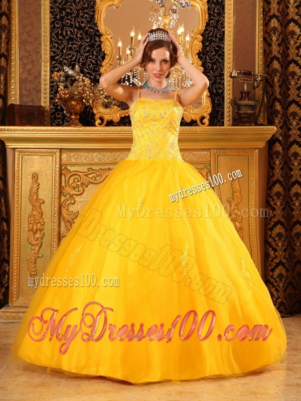 Spaghetti Straps and Full Beading in Bright Yellow For Big Skirt
