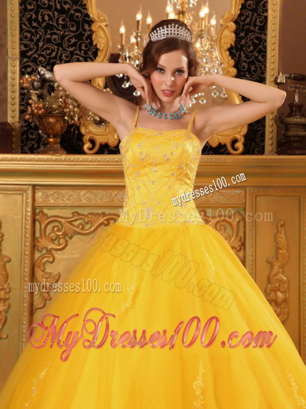 Spaghetti Straps and Full Beading in Bright Yellow For Big Skirt