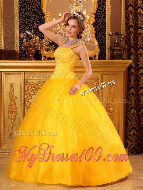 Spaghetti Straps and Full Beading in Bright Yellow For Big Skirt