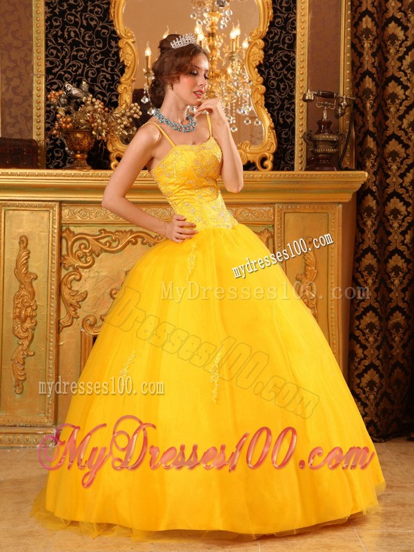 Spaghetti Straps and Full Beading in Bright Yellow For Big Skirt