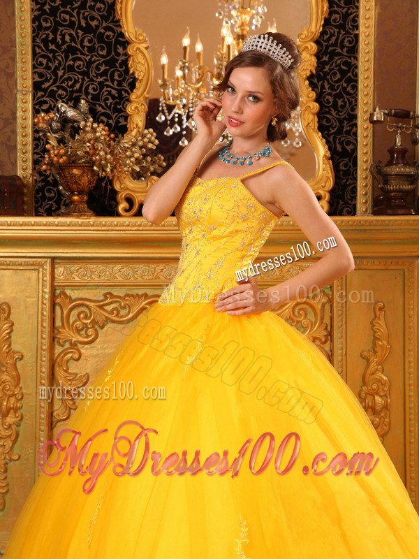 Spaghetti Straps and Full Beading in Bright Yellow For Big Skirt