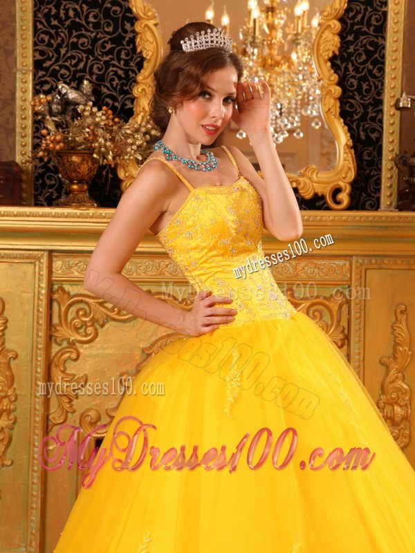 Spaghetti Straps and Full Beading in Bright Yellow For Big Skirt