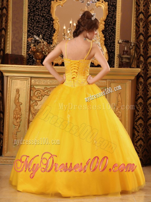 Spaghetti Straps and Full Beading in Bright Yellow For Big Skirt