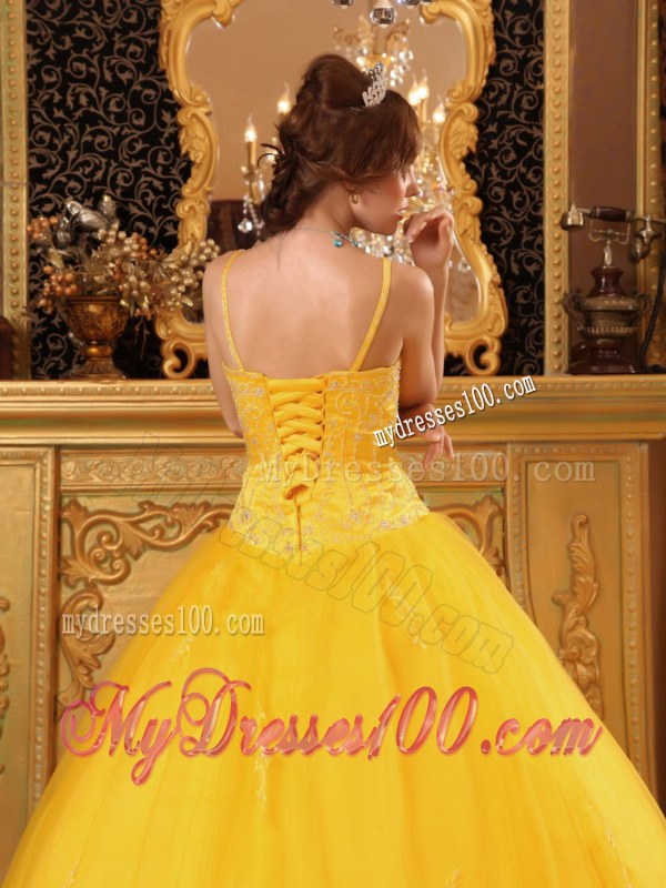 Spaghetti Straps and Full Beading in Bright Yellow For Big Skirt