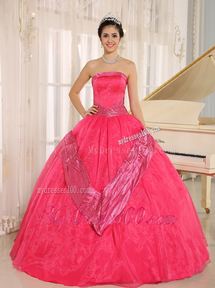 Taffeta Pattern Embellished Dress for Quinceaneras in Coral Red