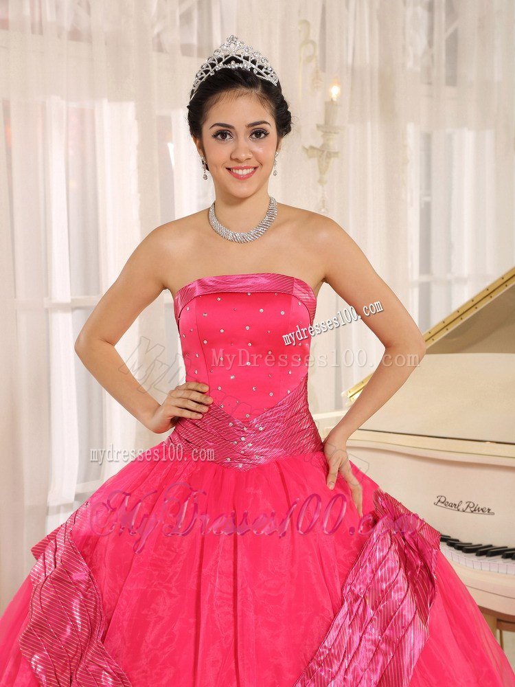 Taffeta Pattern Embellished Dress for Quinceaneras in Coral Red