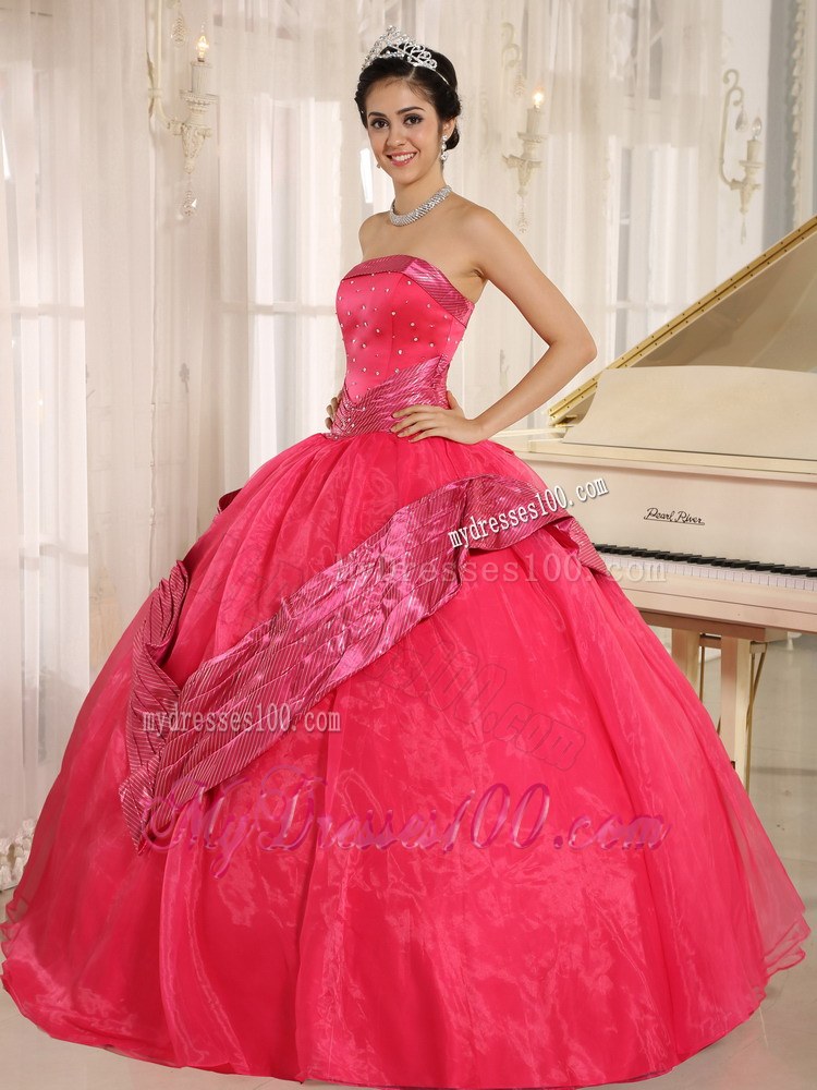 Taffeta Pattern Embellished Dress for Quinceaneras in Coral Red