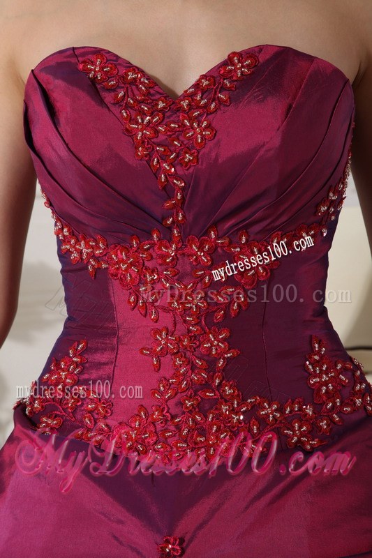 Burgunday Beaded Sweetheart Taffeta Appilques Quinceanera Party Dress