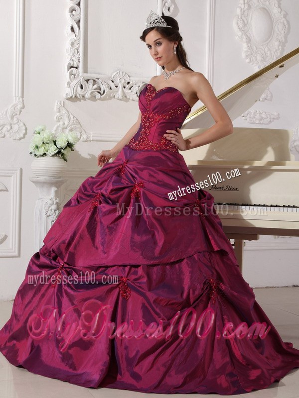 Burgunday Beaded Sweetheart Taffeta Appilques Quinceanera Party Dress
