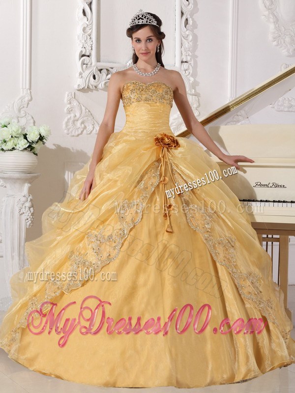 Appliques Dress for Quinceaneras in Gold Embellished with Flower