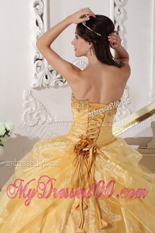 Appliques Dress for Quinceaneras in Gold Embellished with Flower