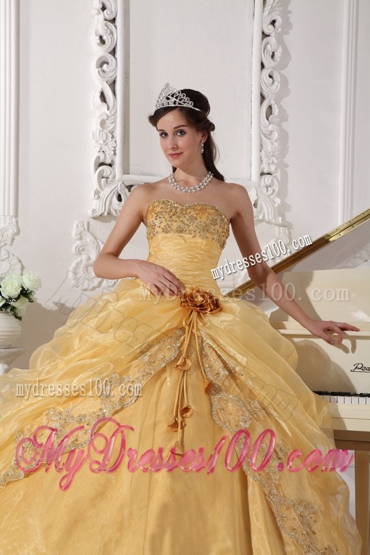 Appliques Dress for Quinceaneras in Gold Embellished with Flower