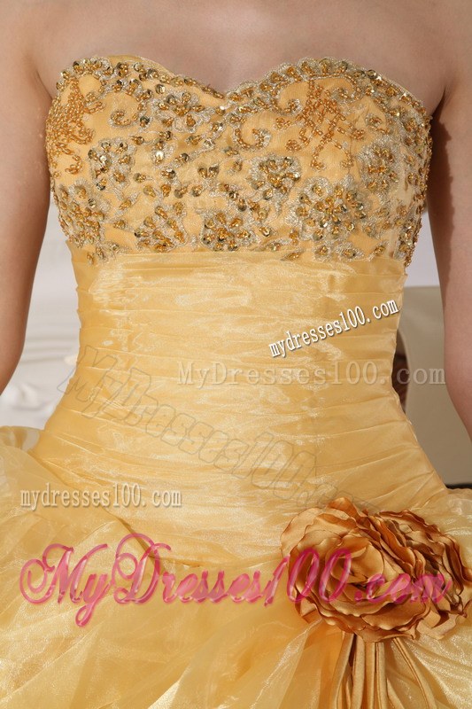 Appliques Dress for Quinceaneras in Gold Embellished with Flower