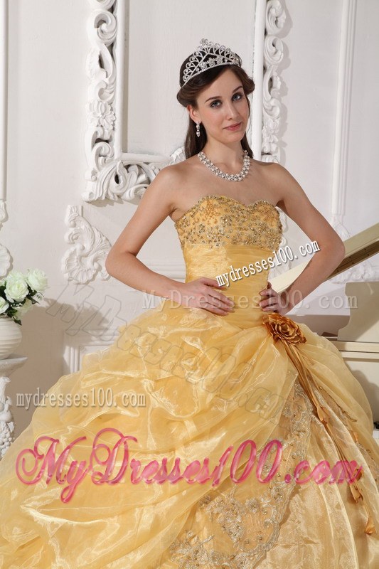 Appliques Dress for Quinceaneras in Gold Embellished with Flower