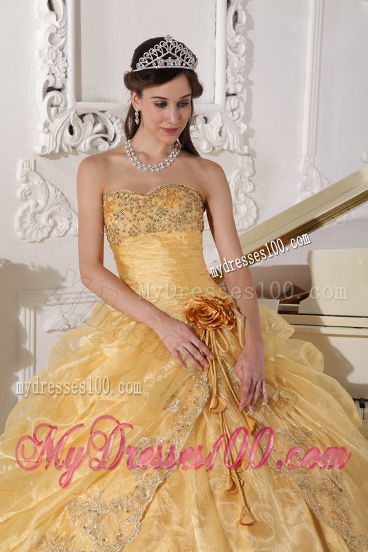 Appliques Dress for Quinceaneras in Gold Embellished with Flower