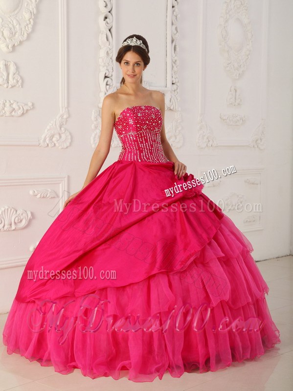 Strapless Layered Ruffles Hot Pink Quinceanera Gowns Dresses
