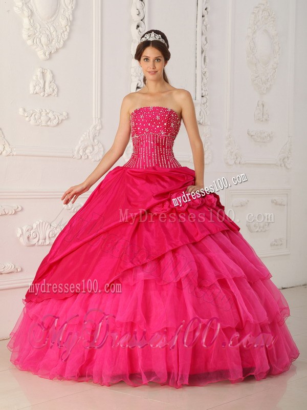 Strapless Layered Ruffles Hot Pink Quinceanera Gowns Dresses