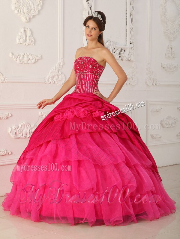 Strapless Layered Ruffles Hot Pink Quinceanera Gowns Dresses