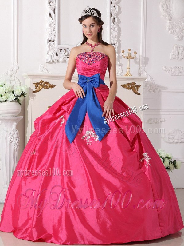 Hot Pink Strapless Floor-length Beading Quinceanera Dress with Blue Sash