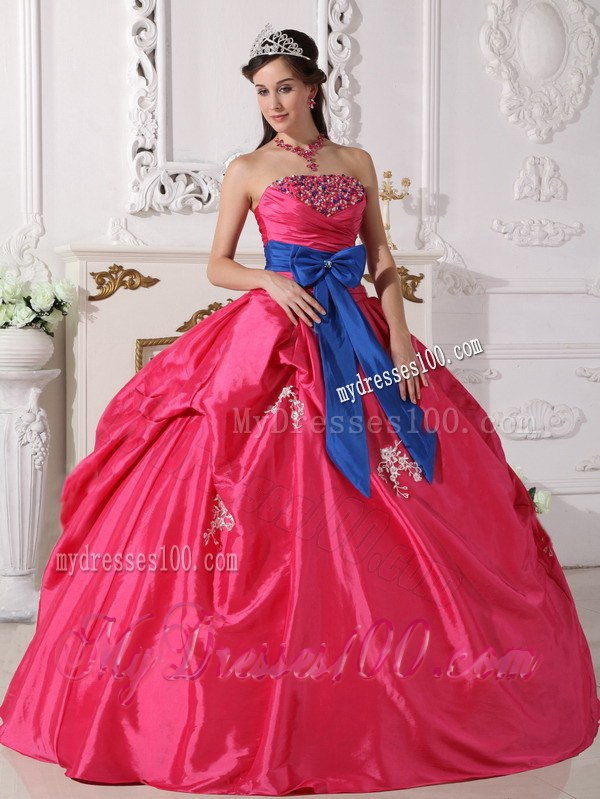 Hot Pink Strapless Floor-length Beading Quinceanera Dress with Blue Sash