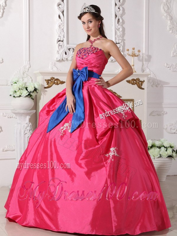 Hot Pink Strapless Floor-length Beading Quinceanera Dress with Blue Sash