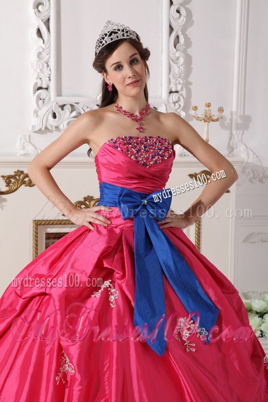 Hot Pink Strapless Floor-length Beading Quinceanera Dress with Blue Sash
