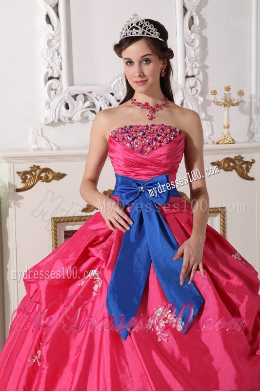 Hot Pink Strapless Floor-length Beading Quinceanera Dress with Blue Sash