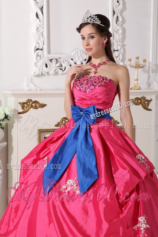 Hot Pink Strapless Floor-length Beading Quinceanera Dress with Blue Sash