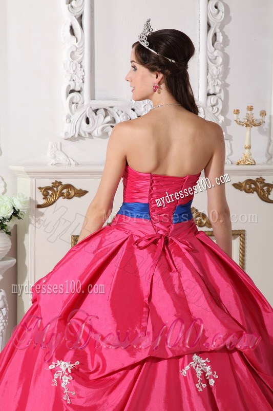 Hot Pink Strapless Floor-length Beading Quinceanera Dress with Blue Sash