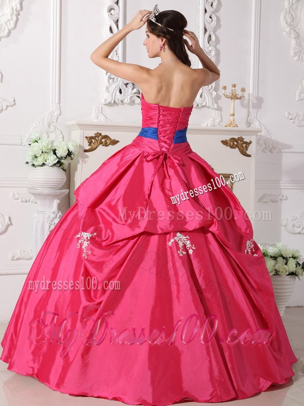 Hot Pink Strapless Floor-length Beading Quinceanera Dress with Blue Sash