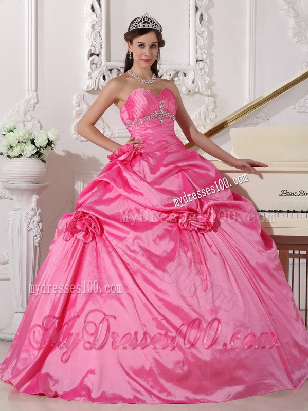 Beading and Handle Flowers Big Quinceaneras Dress in Hot Pink