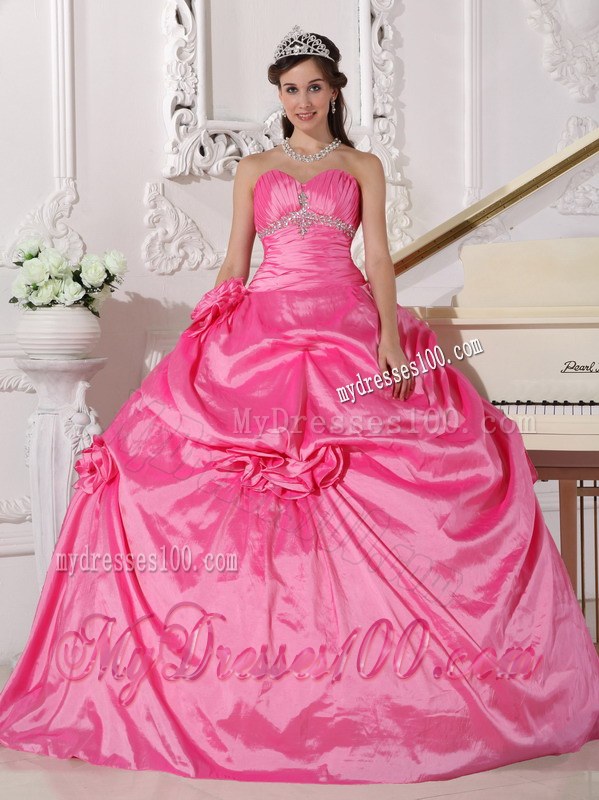 Beading and Handle Flowers Big Quinceaneras Dress in Hot Pink