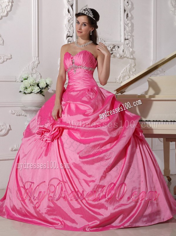 Beading and Handle Flowers Big Quinceaneras Dress in Hot Pink