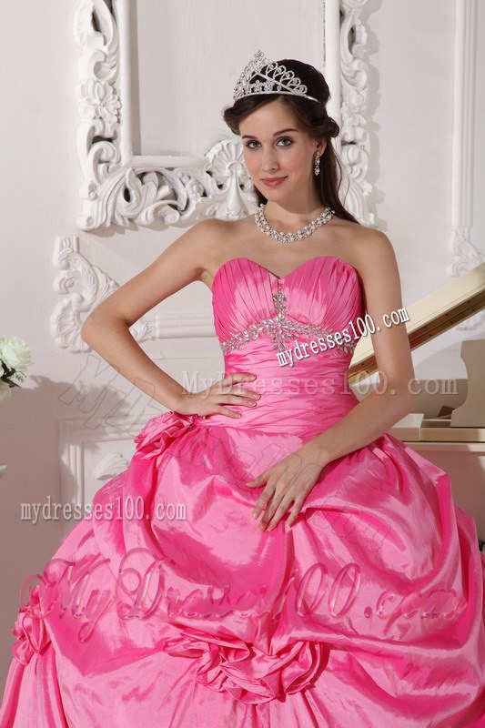 Beading and Handle Flowers Big Quinceaneras Dress in Hot Pink