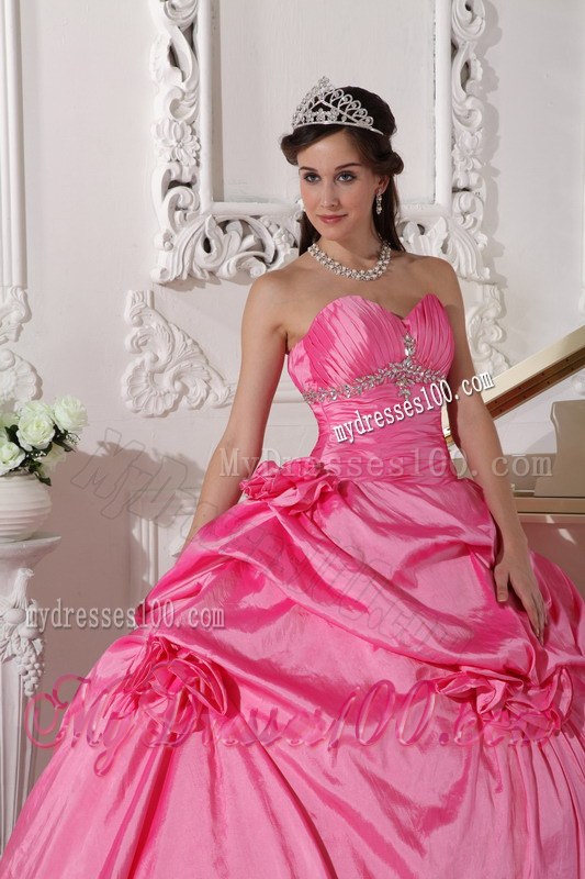 Beading and Handle Flowers Big Quinceaneras Dress in Hot Pink