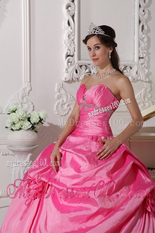 Beading and Handle Flowers Big Quinceaneras Dress in Hot Pink