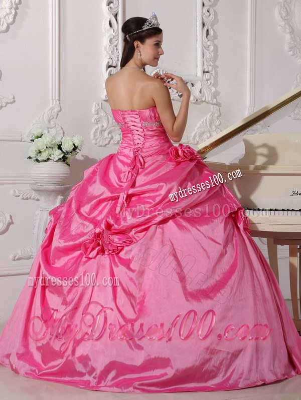 Beading and Handle Flowers Big Quinceaneras Dress in Hot Pink