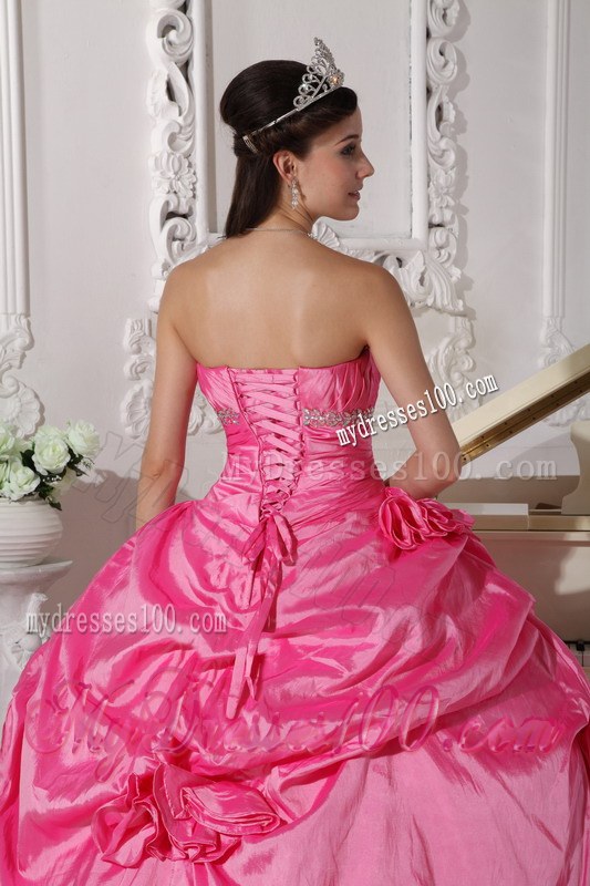 Beading and Handle Flowers Big Quinceaneras Dress in Hot Pink