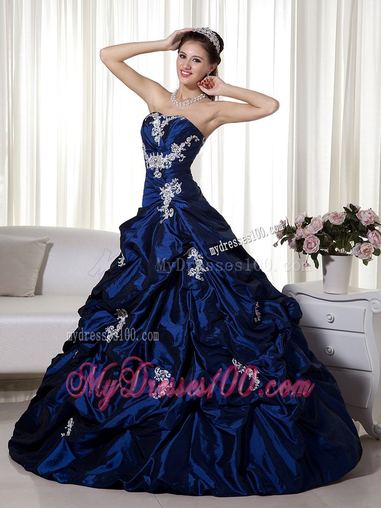 Navy Blue A-line Quinceanera Gowns Dresses with Pick Ups