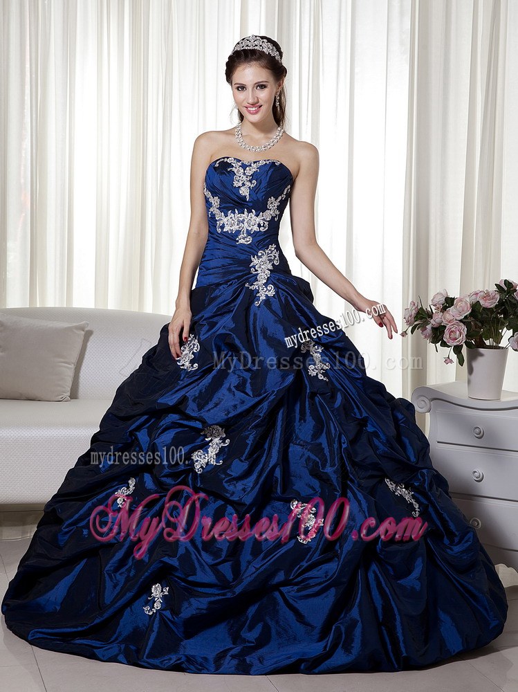 Navy Blue A-line Quinceanera Gowns Dresses with Pick Ups