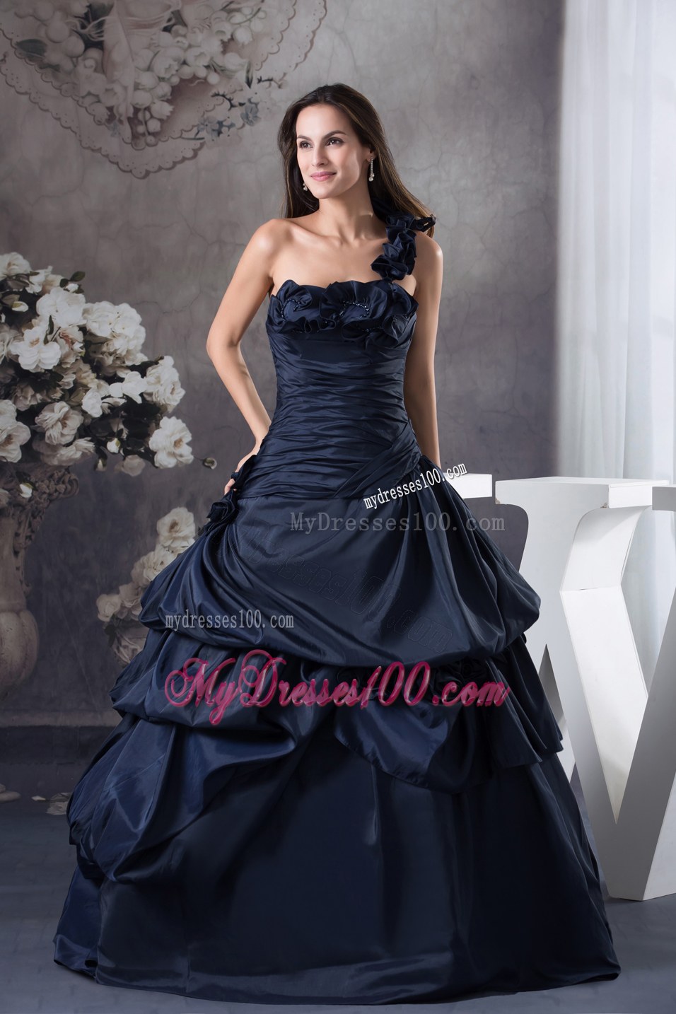 Floral One Shoulder Dresses Quinceanera in Dark Blue with Ruffles