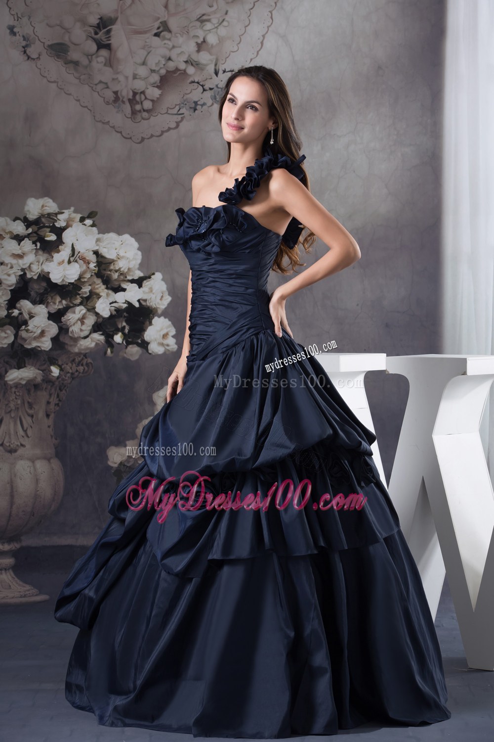 Floral One Shoulder Dresses Quinceanera in Dark Blue with Ruffles