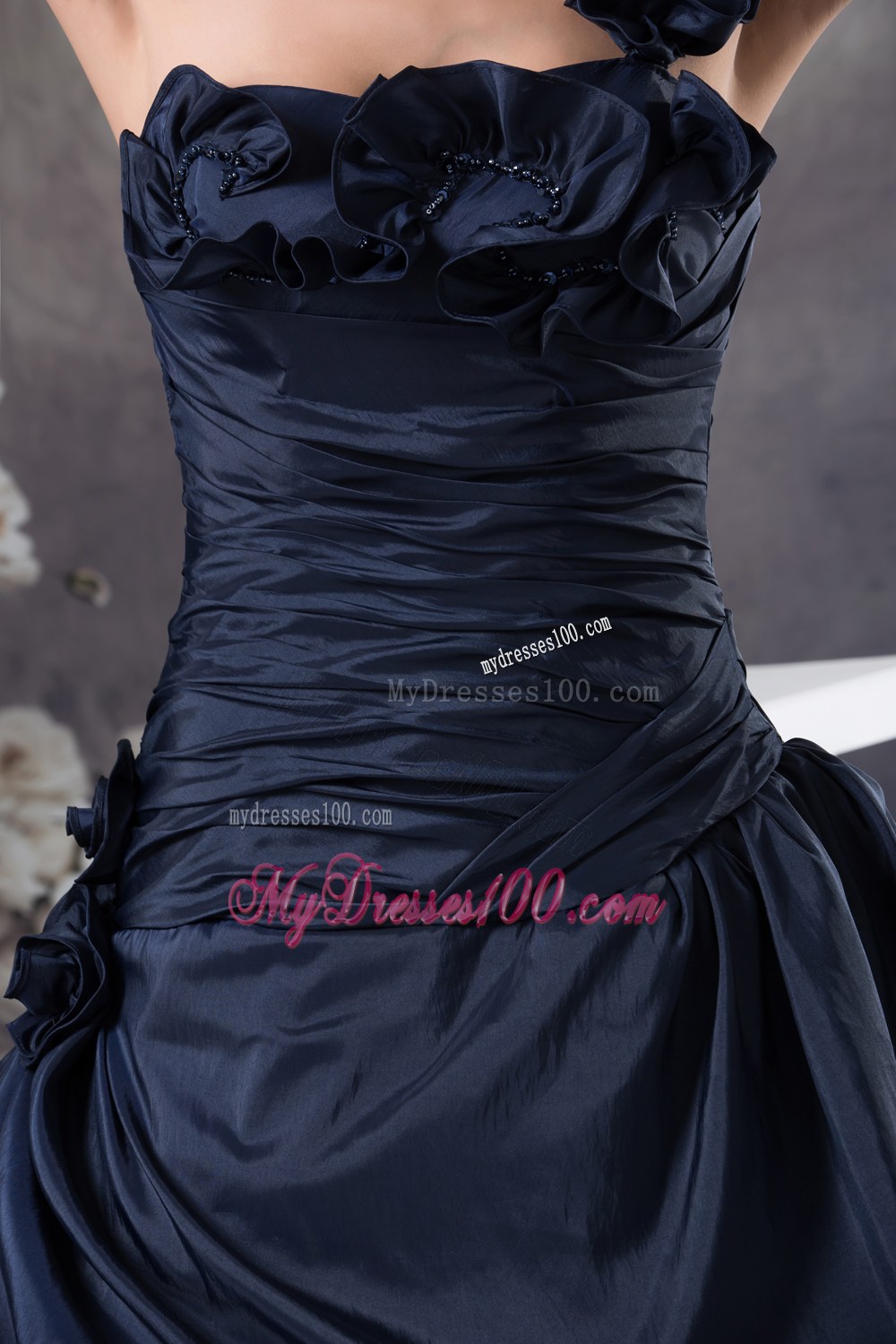 Floral One Shoulder Dresses Quinceanera in Dark Blue with Ruffles