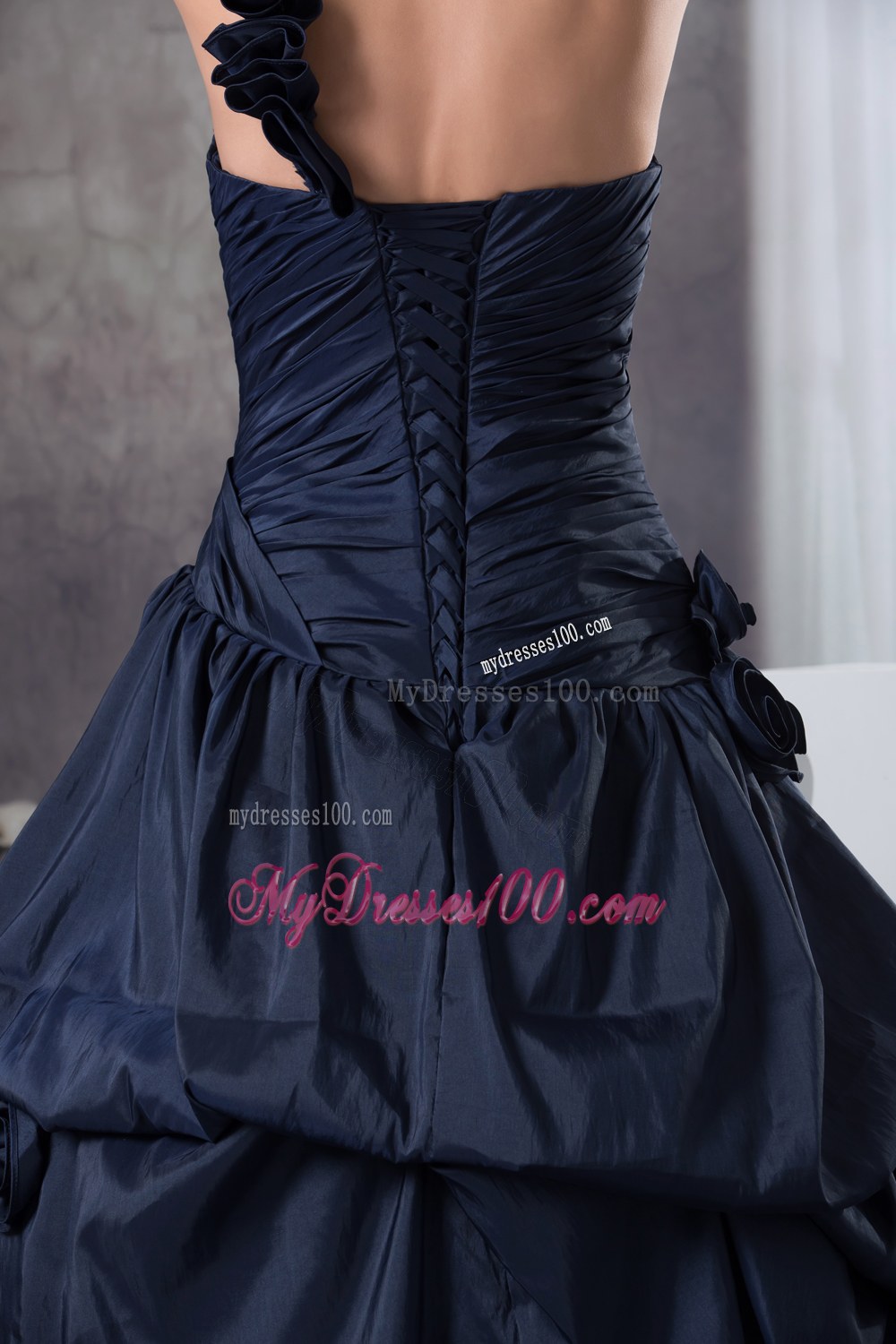 Floral One Shoulder Dresses Quinceanera in Dark Blue with Ruffles