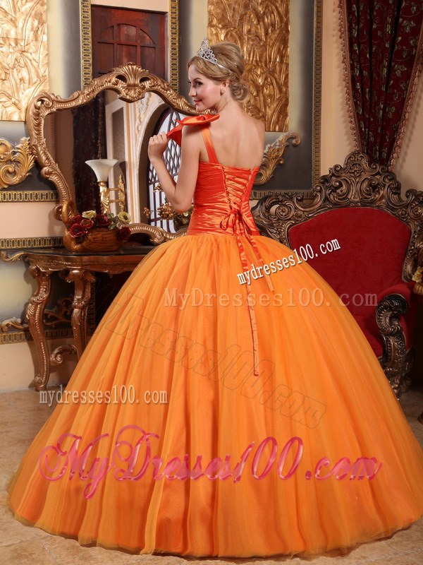 Orange Ball Gown One Shoulder Ruching Quinceanera Party Dress
