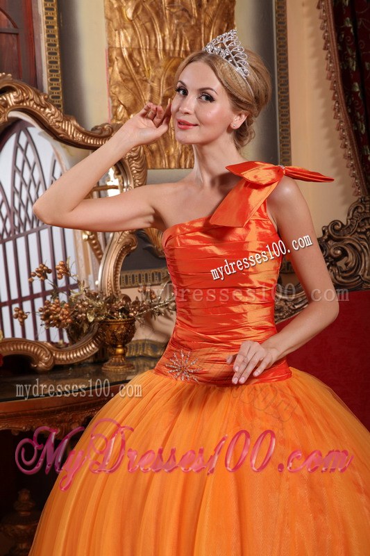 Orange Ball Gown One Shoulder Ruching Quinceanera Party Dress