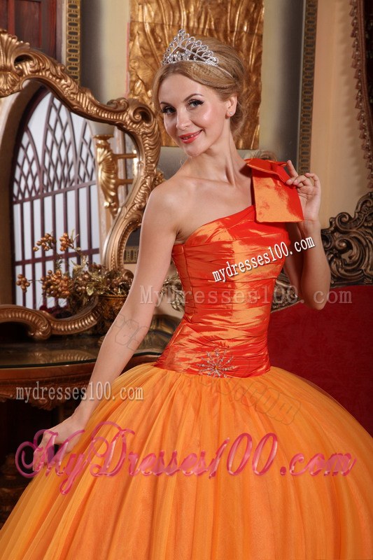 Orange Ball Gown One Shoulder Ruching Quinceanera Party Dress