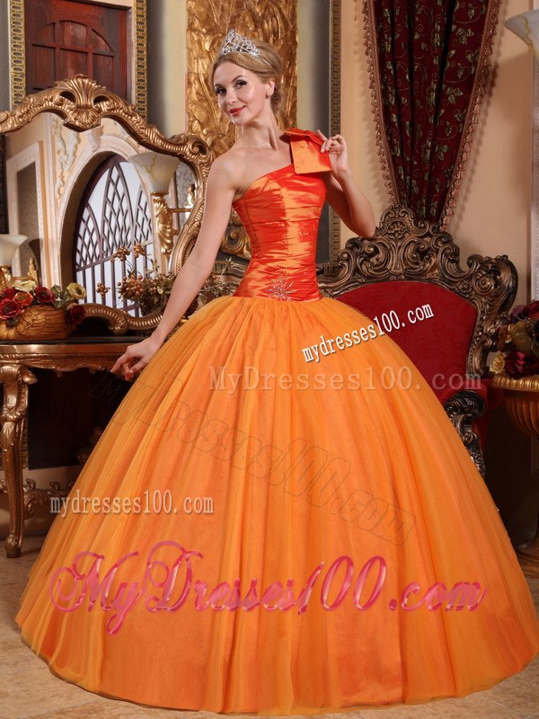 Orange Ball Gown One Shoulder Ruching Quinceanera Party Dress