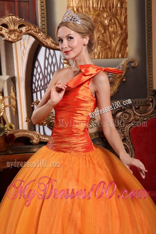 Orange Ball Gown One Shoulder Ruching Quinceanera Party Dress