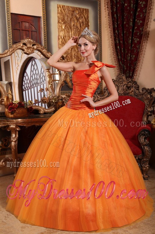 Orange Ball Gown One Shoulder Ruching Quinceanera Party Dress